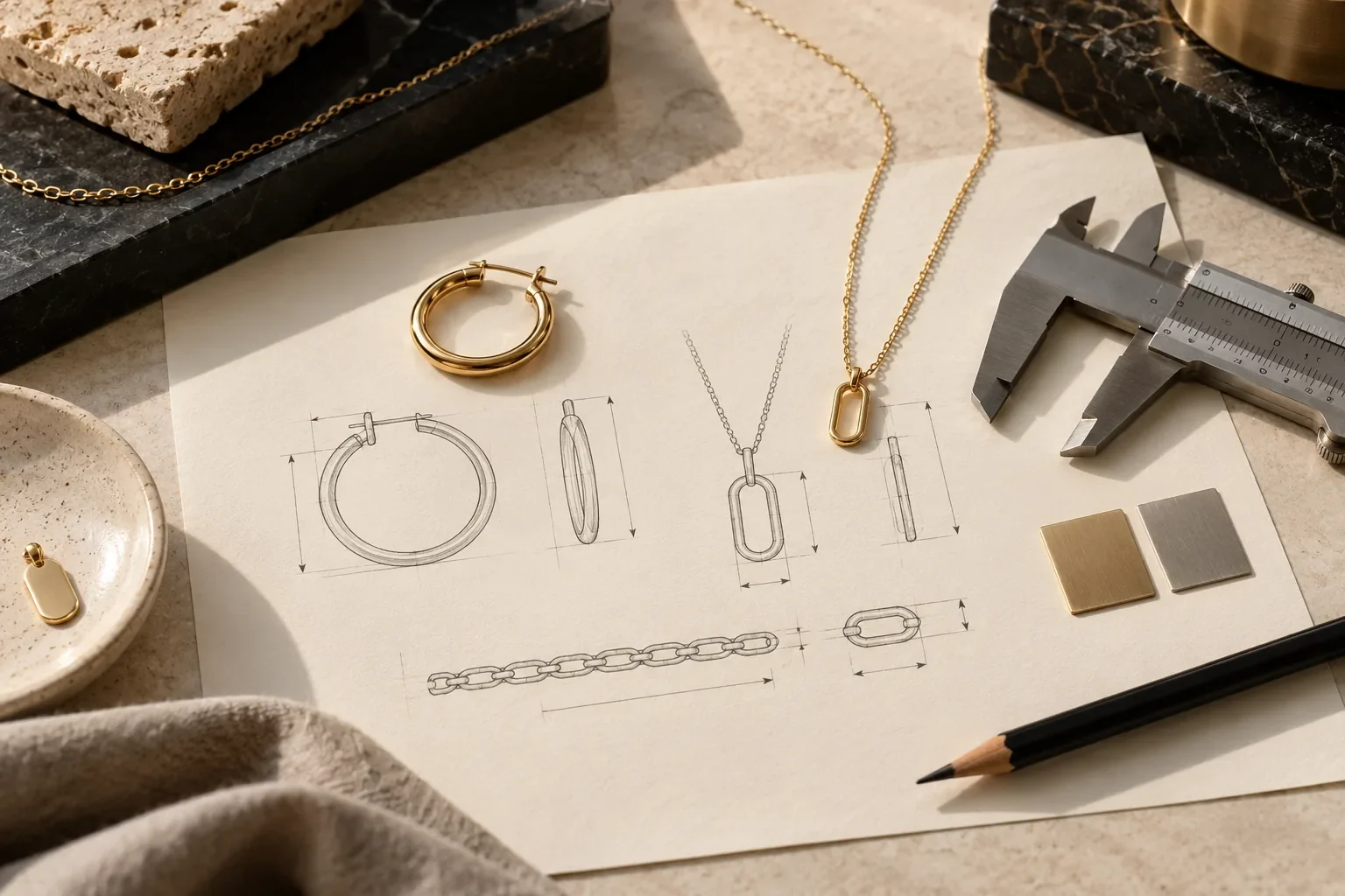 Illustrative jewelry design brief with sketches, samples, finish swatches, and calipers